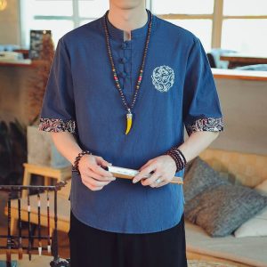 chemise kimono japonais lin bleu