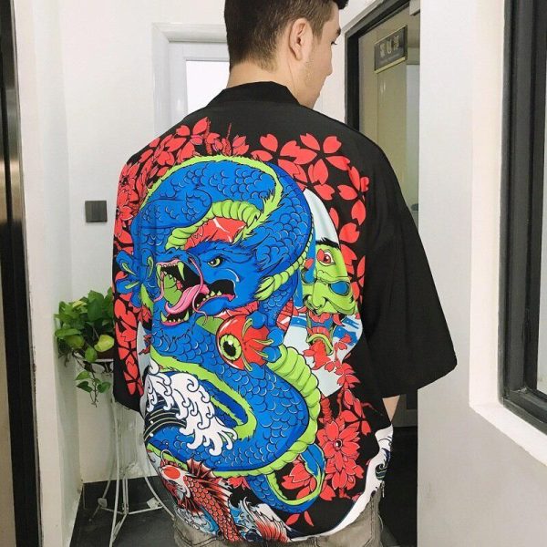 veste kimono japonais dragon bleu